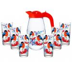 1 СНЕГИРИ НА РЯБИНЕ Набор Кувшин стекл 1,5л+стаканы 6шт*250мл Снегири на рябине Декостек/1607/6-Д